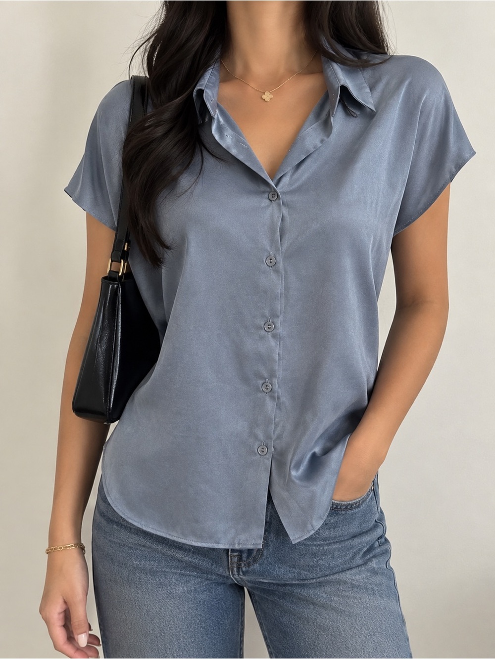 Rachel Slate Blue Short Sleeve Button-Down Blouse